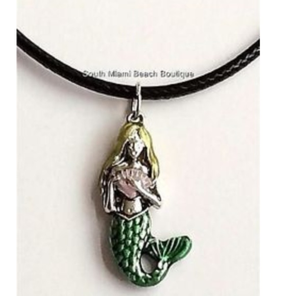 Mermaid Charm Necklace Nautical Island Beach Enamel Pendant Black Cord 18" - Picture 1 of 8